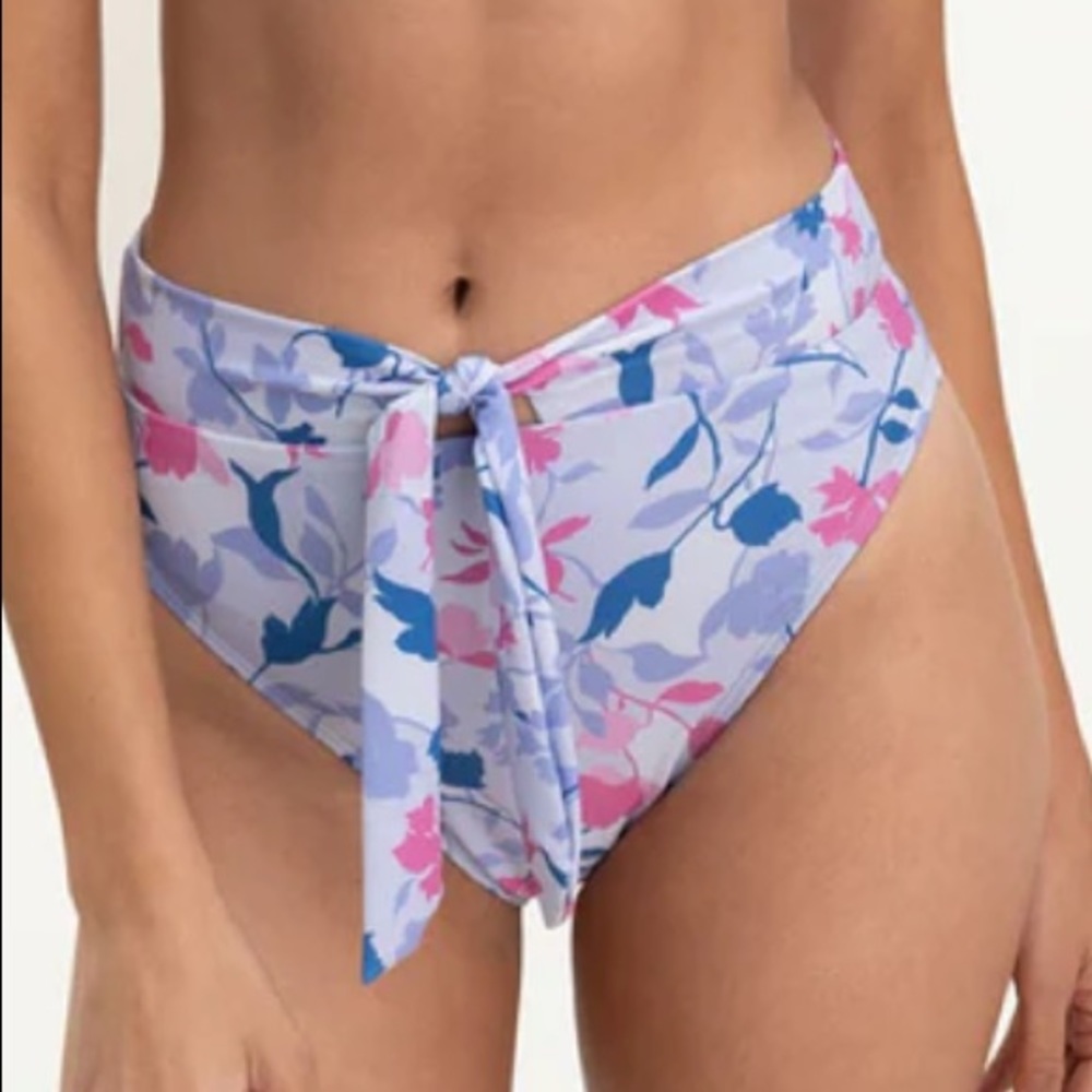Splendid Floral Flurry Tie-Front Bikini Bottom High Leg Pant Sz L NWT Blue Pink